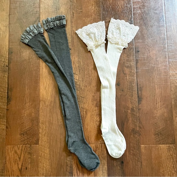 Accessories - Thigh high lace trim socks, 2 pair, white/ecru and grey
